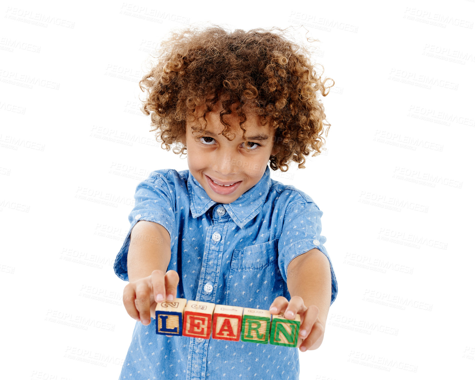 Buy stock photo Learning, studio and portrait of kid with building blocks for playing, education or child development. Creative, happy and isolated young boy with school toys for spelling games on white background