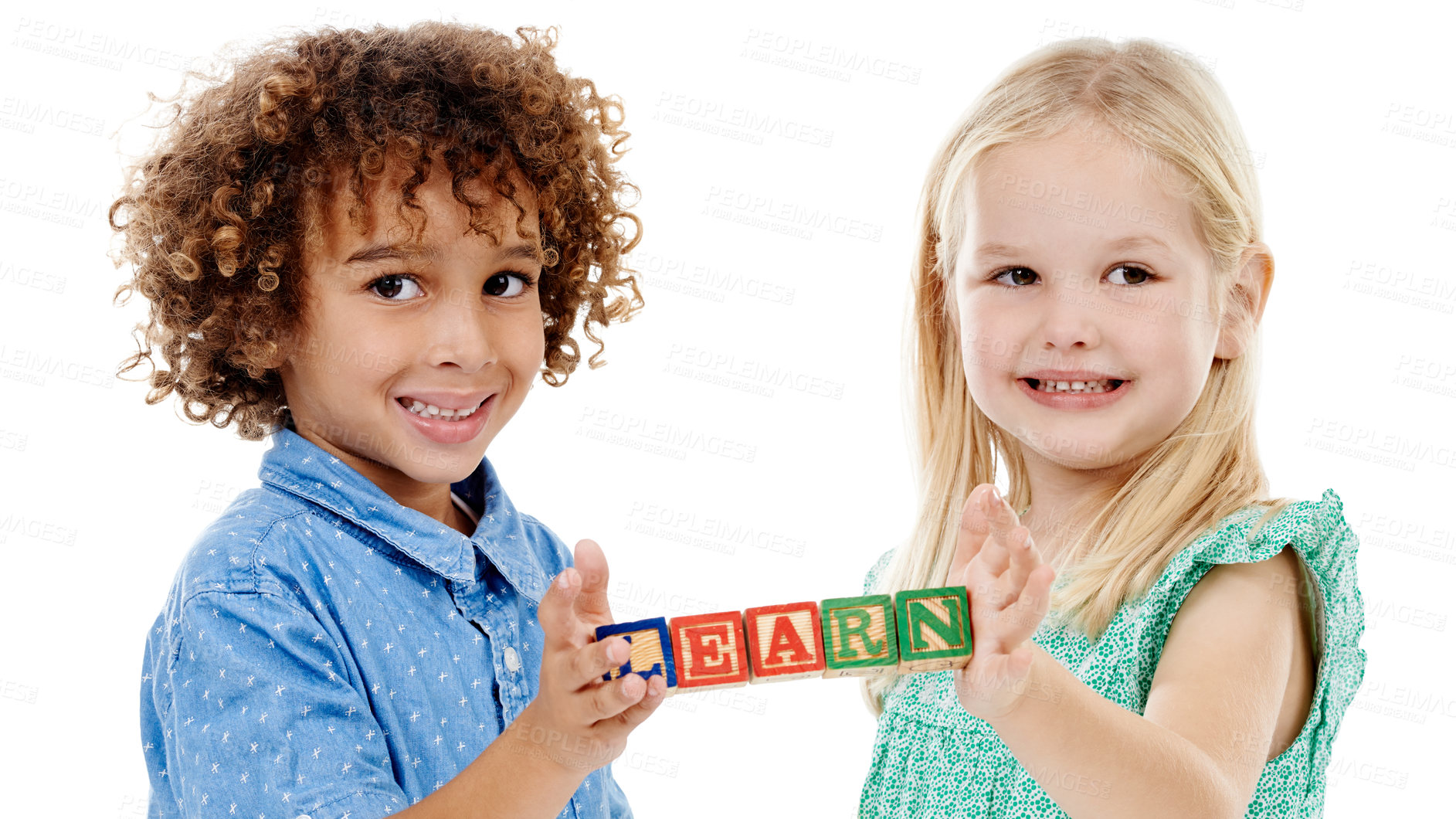 Buy stock photo Children, portrait and wooden blocks with alphabet for education, learning or development on a white studio background. Young, boy and girl with smile for youth, childhood or growth at kindergarten
