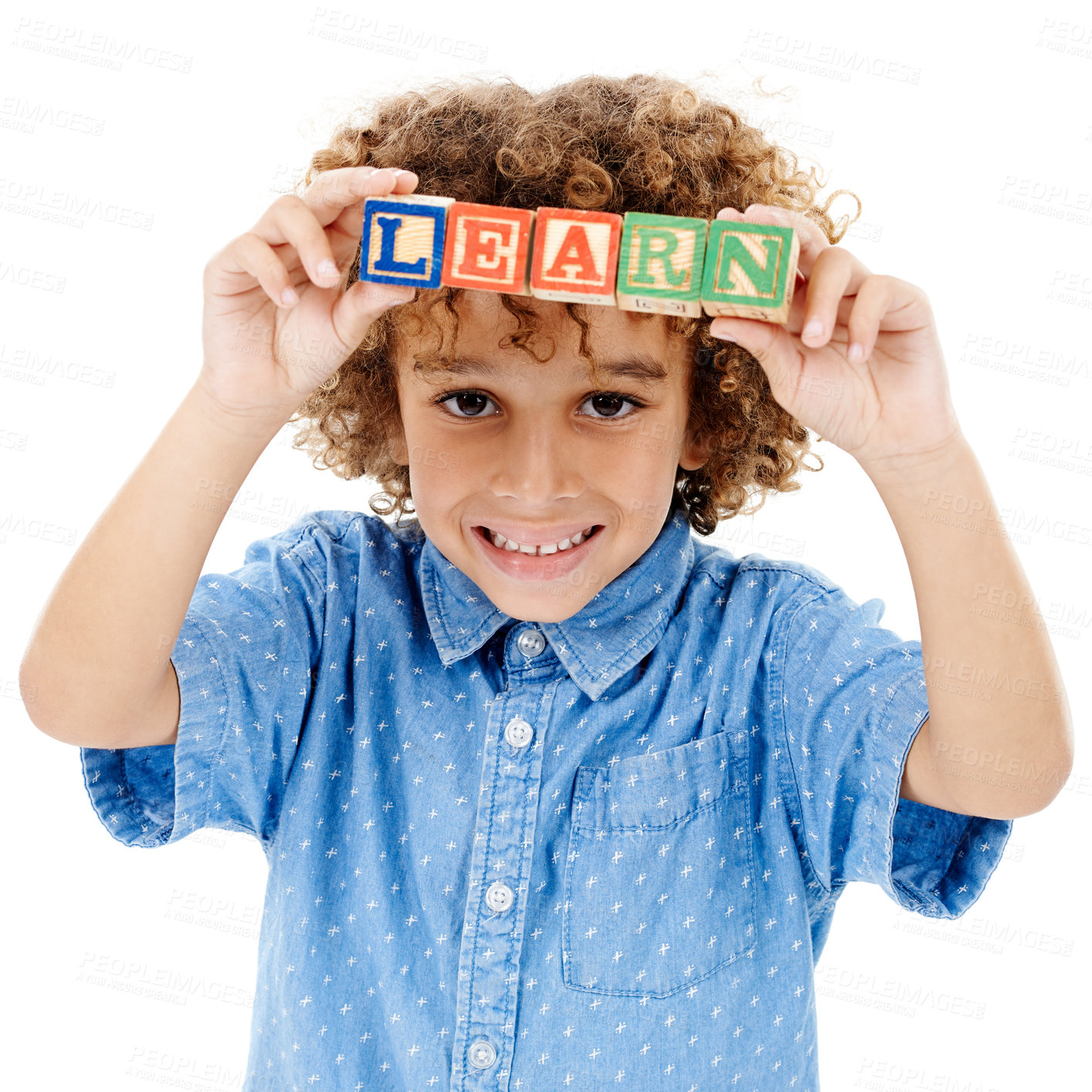 Buy stock photo Happy, white background and portrait of kid with building blocks for learning, education or child development. Creative, childhood and isolated young boy with school toys for spelling games in studio