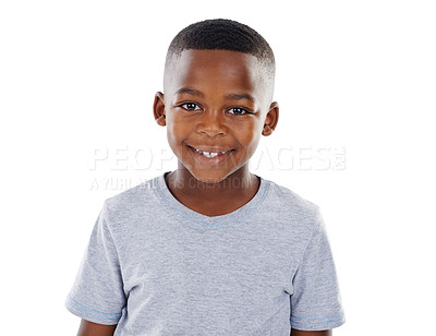 Buy stock photo Studio shot of a happy little boy in casual wear posing against a white background