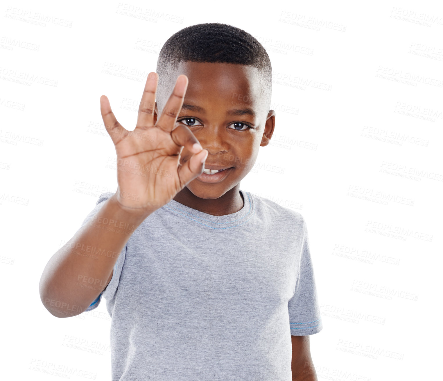 Buy stock photo Boy, portrait and ok sign at studio with mockup space for good job, agreement and support with smile. Black child, happy and hand gesture for thank you, motivation and achievement on white background