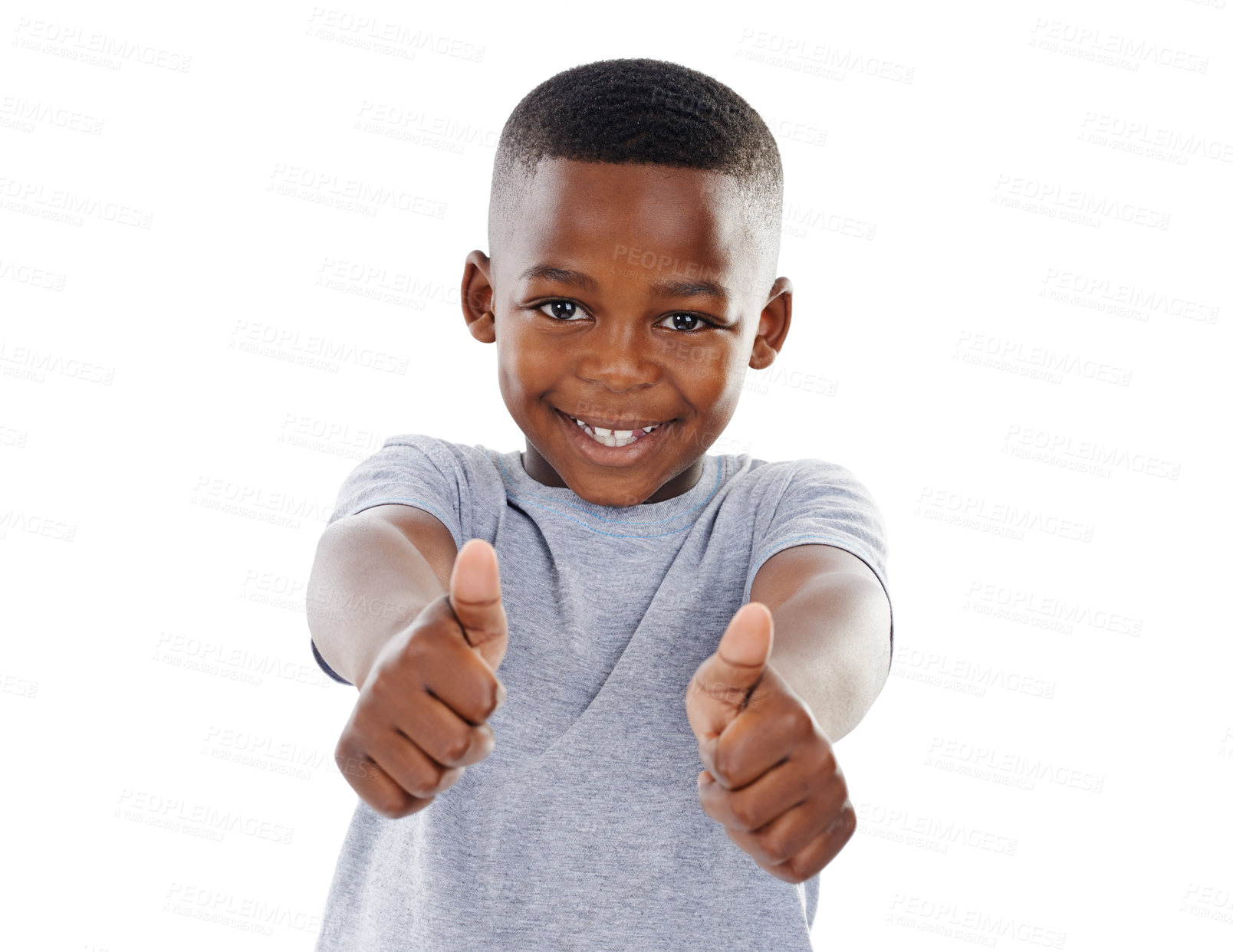 Buy stock photo Portrait, kid and black boy with thumbs up, agreement or support isolated on white studio background. Face, model or child with hand gesture, icon or symbol with like, emoji or sign with mockup space