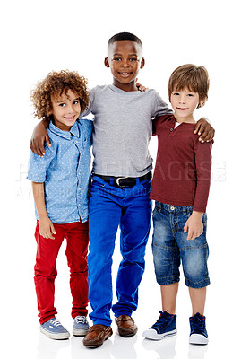 Buy stock photo Studio shot of three cute little boys posing together against a white background