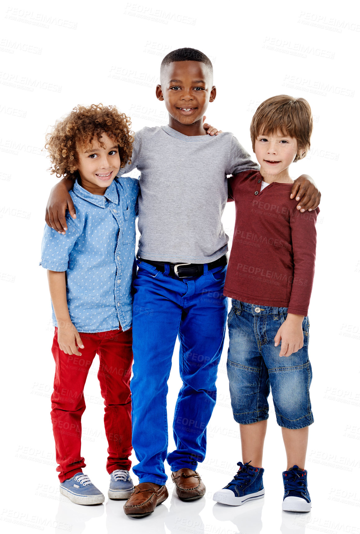 Buy stock photo Kids, fashion and portrait of boys in studio with smile, bonding or diversity on fun weekend together. Growth, friends and happy children with cool style, trendy clothes and hug on white background