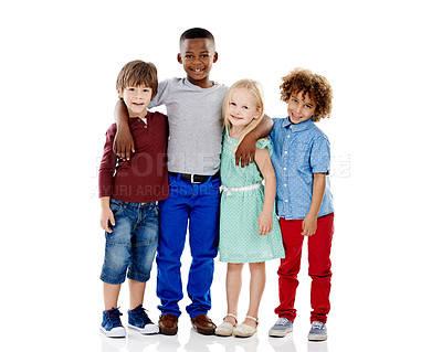 Buy stock photo Studio shot of a group of young friends standing together against a white background