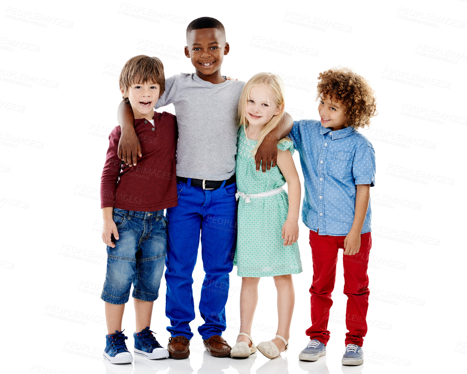 Buy stock photo Kids, portrait and group of friends in studio with fashion, bonding or diversity on weekend together. Growth, development and happy children with cool style, trendy clothes or fun on white background