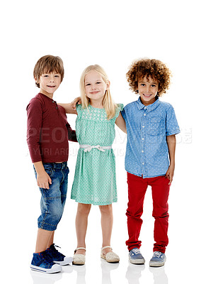 Buy stock photo Children, portrait and group of friends in studio with fashion, bonding and hug on weekend together. Growth, development and happy kids with cool style, trendy clothes or fun on white background