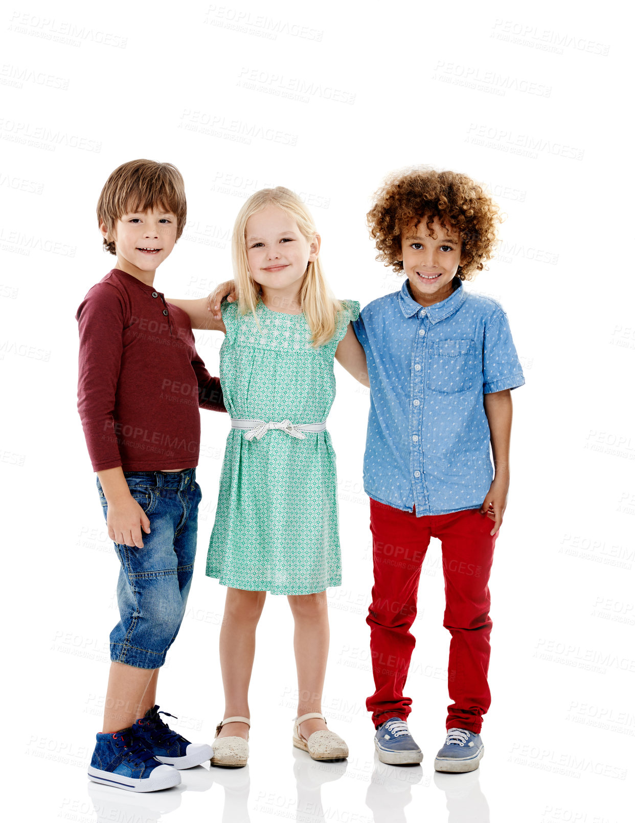 Buy stock photo Children, portrait and group of friends in studio with fashion, bonding and hug on weekend together. Growth, development and happy kids with cool style, trendy clothes or fun on white background