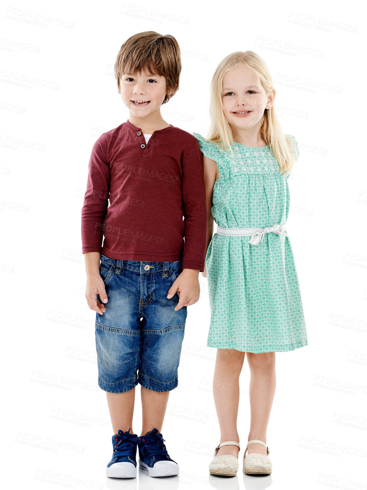 Buy stock photo Brother, sister and portrait of kids fashion in studio with smile, bonding or siblings in kindergarten together. Boy, girl and children with cool style, trendy clothes and friends on white background