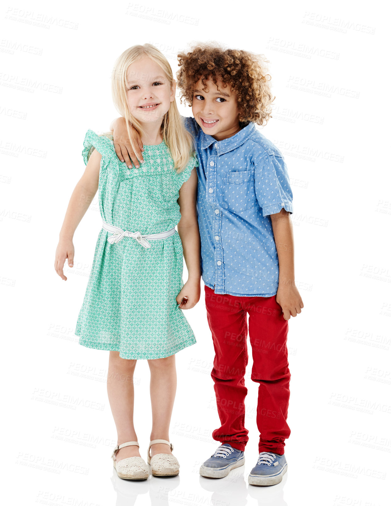 Buy stock photo Boy, girl and fashion portrait of kids in studio with smile, bonding or friends on weekend together. Growth, support  and children hug with cool style, trendy clothes and embrace on white background