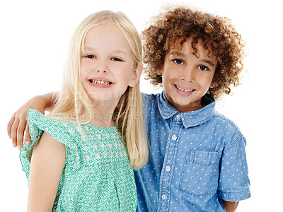 Buy stock photo Boy, girl and fashion portrait of children in studio with smile, bonding and embrace on weekend together. Hug, fun and happy kids with cool style, trendy clothes and friends on white background