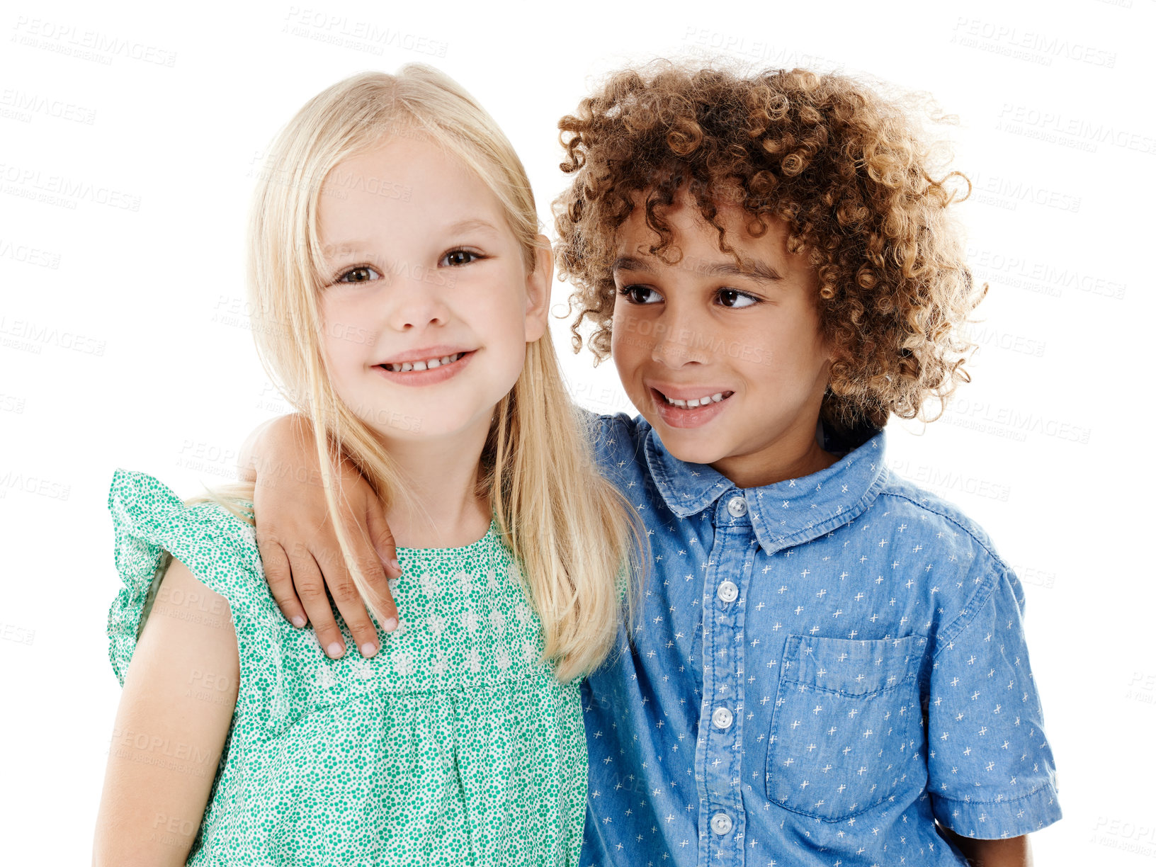 Buy stock photo Boy, girl and portrait of kids in studio with hug, smile and fashion with weekend bonding together. Happy, embrace and children with cool style, trendy clothes and fun friends on white background