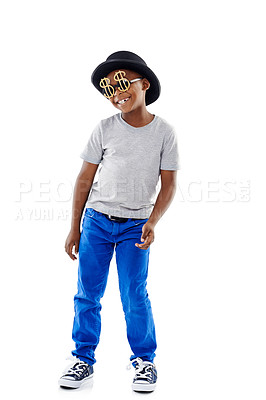 Buy stock photo Boy, happy and glasses in studio with costume for halloween party, dress up or dollar sign shades. Kid, person or smile with hat on mockup space for trendy accessory or confidence on white background