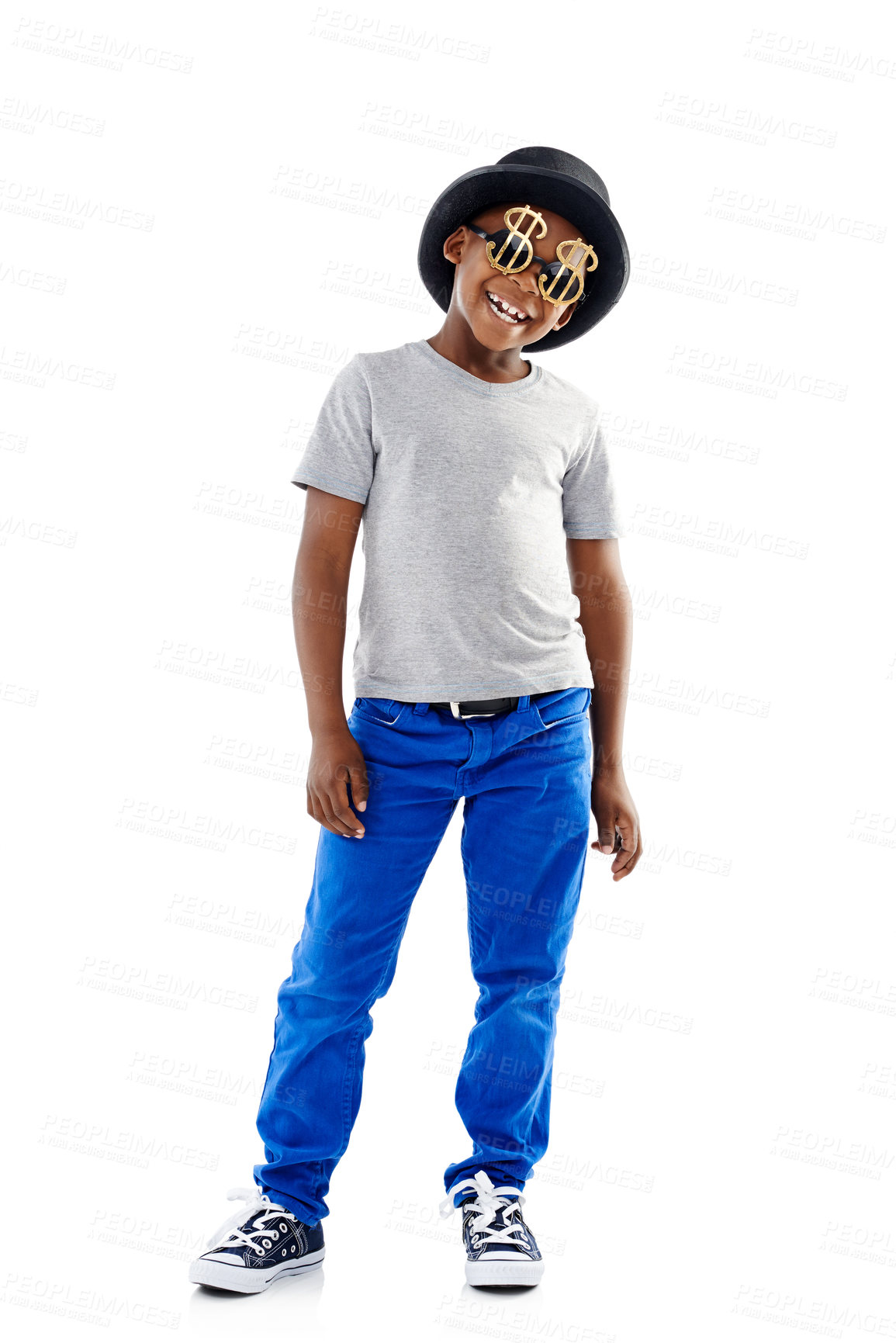 Buy stock photo Boy, smile and glasses in studio with costume for halloween party, dress up or dollar sign shades. Kid, person or happy with hat on mockup space for trendy accessory or confidence on white background