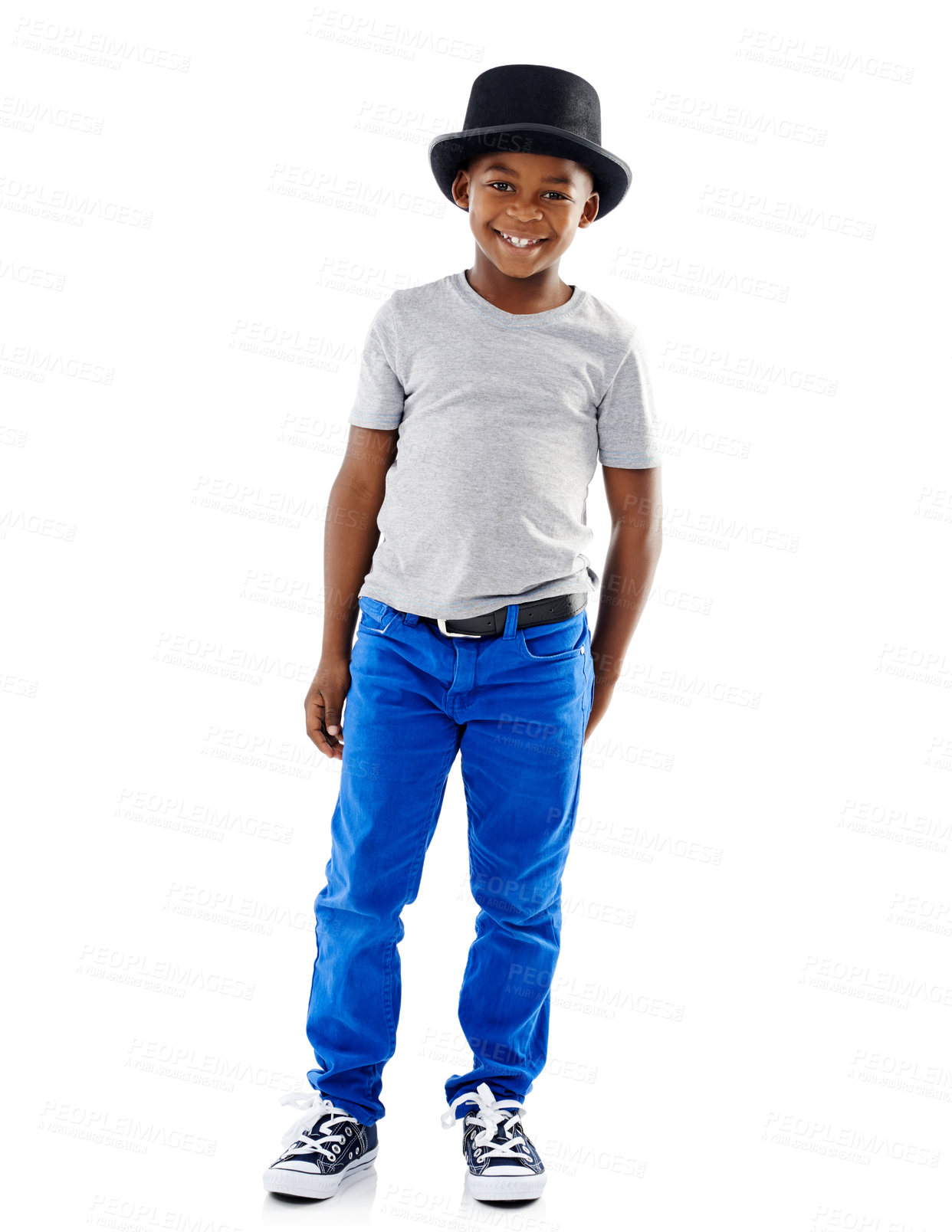 Buy stock photo Studio, portrait and black child with hat for fashion, dress up and fantasy style for halloween concert. Mockup space, happy boy and model with smile for cool outfit, accessory and white background