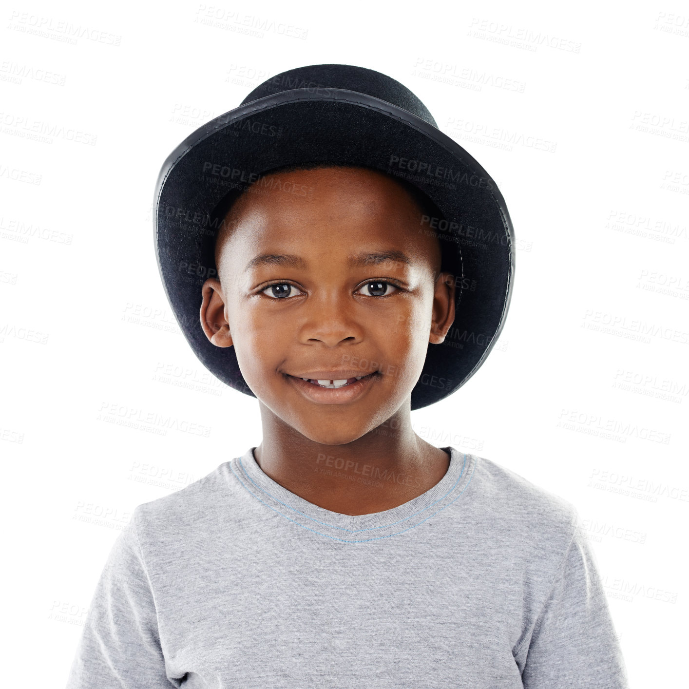 Buy stock photo Studio, portrait and boy with hat for fashion, dress up and fantasy style for halloween concert. Confidence, black child and model with smile for cool outfit, costume accessory and white background