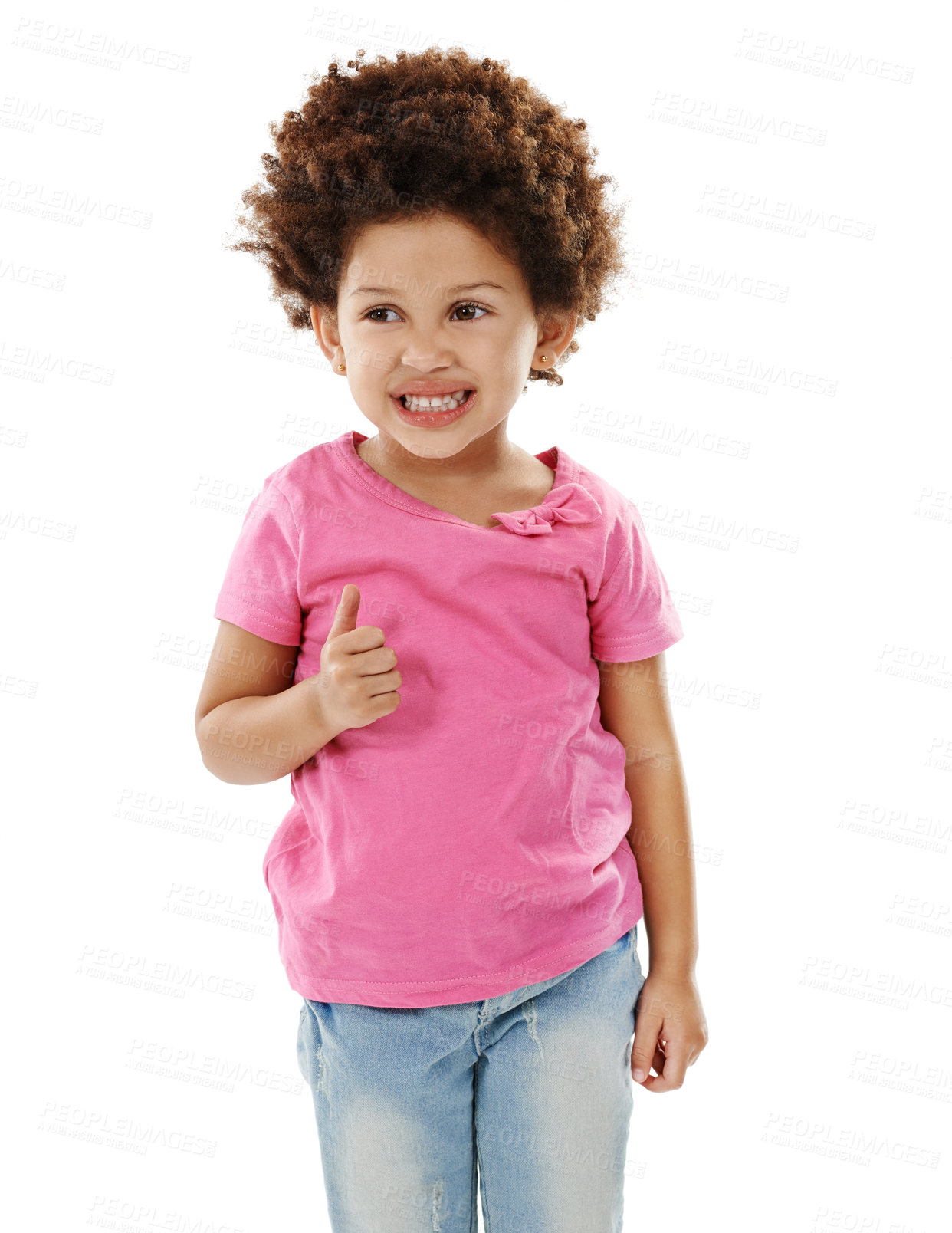 Buy stock photo Happy, kid and girl with thumbs up, agreement and support isolated on white studio background. Joy, model or childhood with hand gesture, icon or symbol with like, emoji or expression with thank you