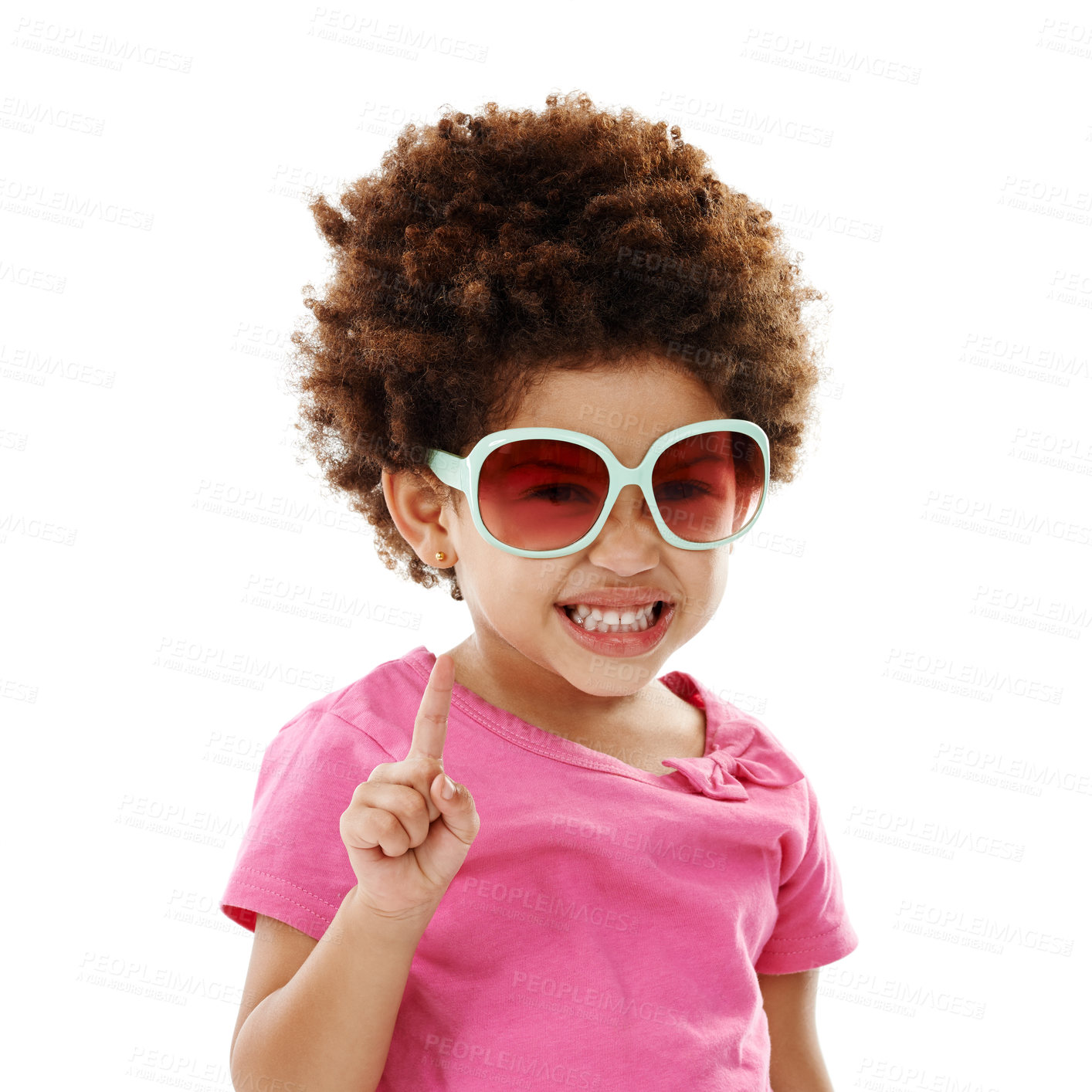 Buy stock photo Child, fashion and portrait with sunglasses in studio for summer outfit, trendy and funky style. Happy, smile and little girl with confidence by white background for vacation, clothes and accessory