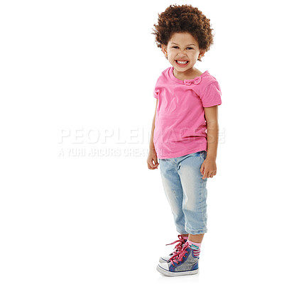 Buy stock photo Child, girl and excited with portrait in studio with comic personality, silly and playing with mockup space. Multiracial kid, goofy or trendy style with humor, happy or confidence on white background