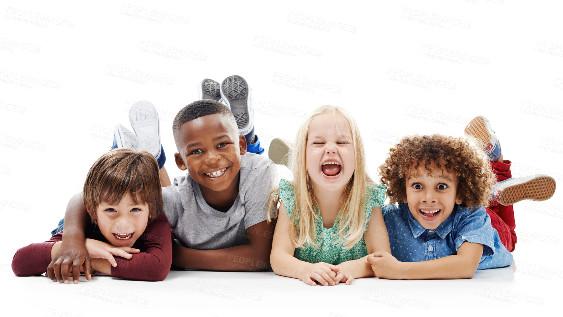 Buy stock photo Diversity, portrait of happy children and smiling together in a white background. Happiness or excited,  group of friends and multiracial kids and faces have fun, laugh and lay on a isolated studio