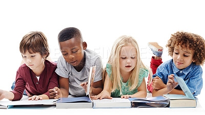Buy stock photo Reading, books and children learning on the floor or students together and on a white background. Kids, information and development or school growth or friends happy to learn and isolated in studio