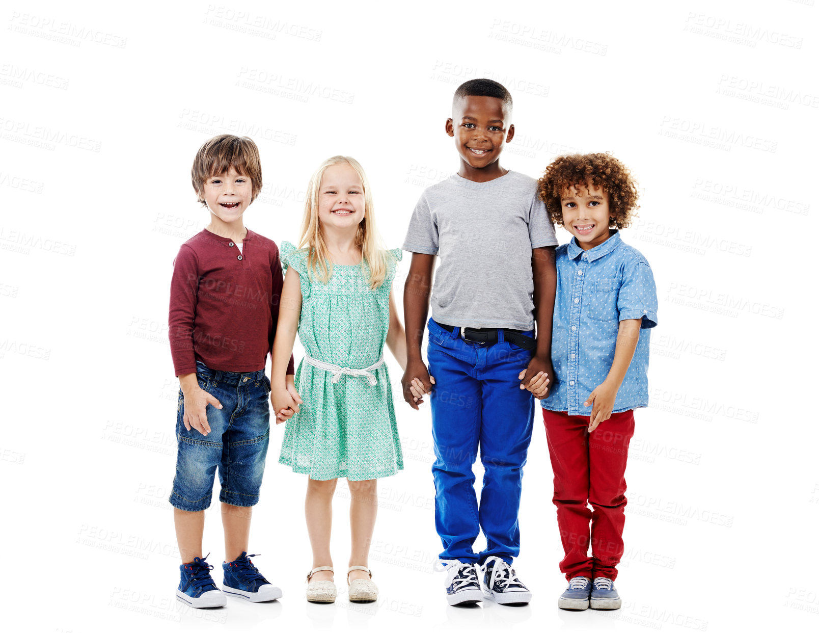 Buy stock photo Kids, group and portrait of friends in studio with smile, bonding and diversity in weekend fashion together. Growth, development and holding hands in style, trendy clothes and fun on white background