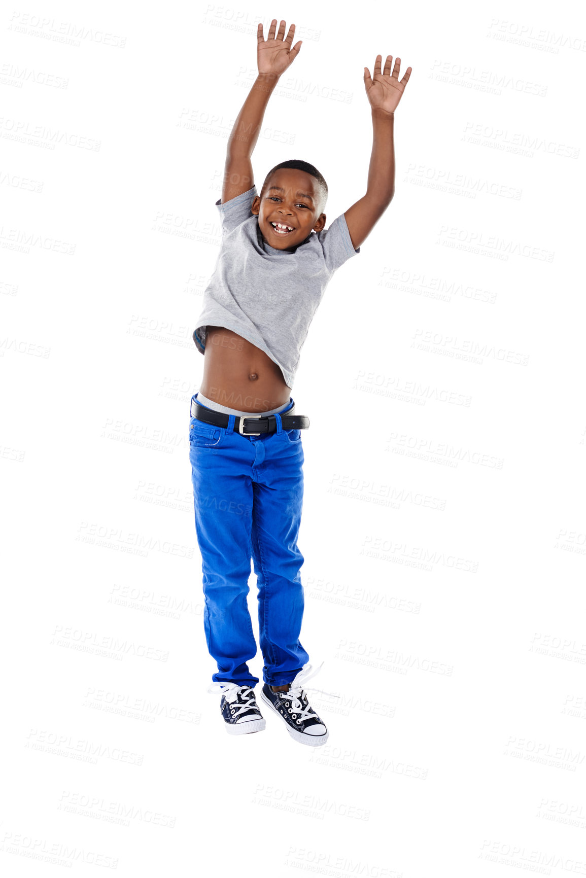 Buy stock photo Studio, smile and black child in portrait for jump, excited and cheerful for first day of kindergarten. Mockup space, boy and development with flying game for playing, energetic and white background