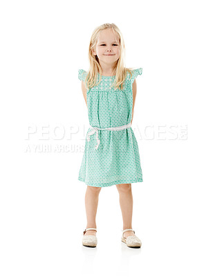 Buy stock photo Kid, girl and happy in portrait for fashion with organic cotton, sustainability clothing or recycling fabric. Child, smile and confidence in studio with dress or style on white background with mockup