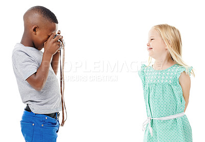 Buy stock photo Friends, children and photographer with camera in studio for picture memory, imagination and playing a game. Kids, people and mockup with photography for fantasy and fun activity on white background