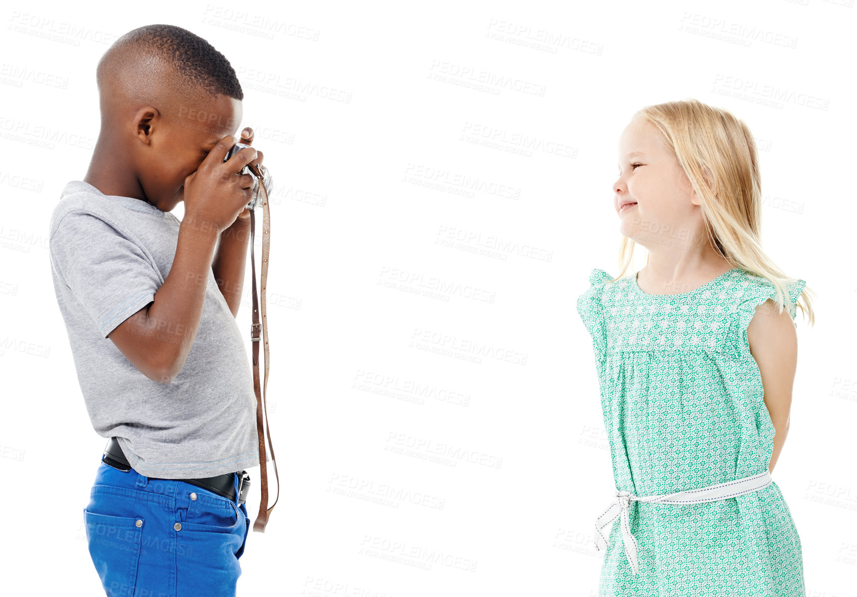 Buy stock photo Friends, children and photographer with camera in studio for picture memory, imagination and playing a game. Kids, people and mockup with photography for fantasy and fun activity on white background