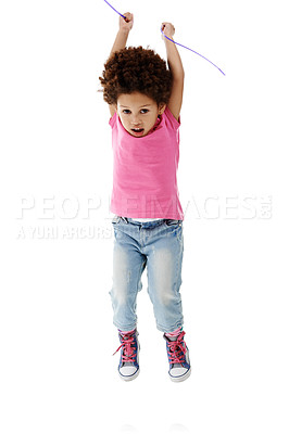 Buy stock photo Studio, energy and child in portrait for jump, hands up and fashion clothes for first day of kindergarten. Mockup space, girl and development with flying game for playing, balance or white background