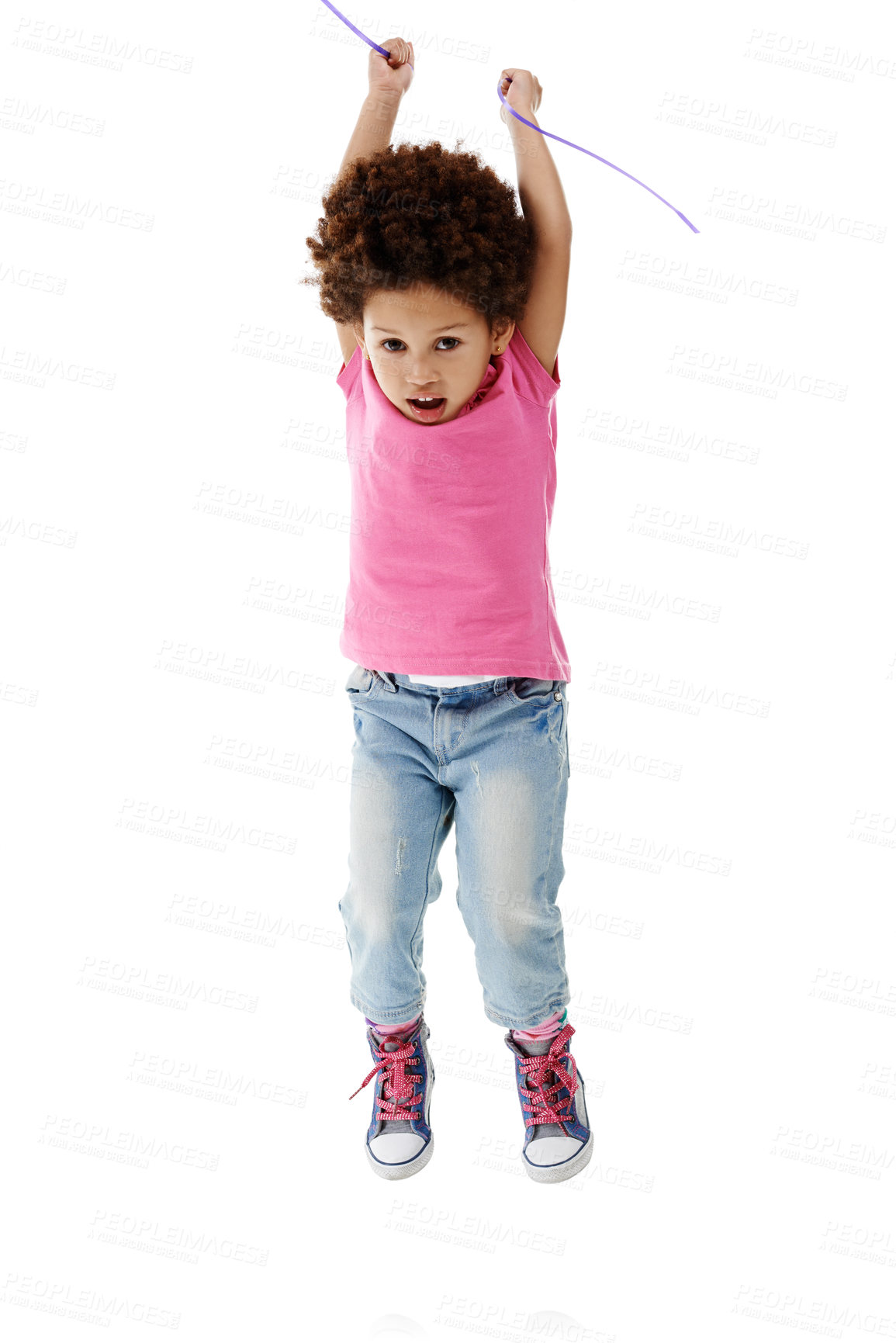 Buy stock photo Studio, energy and child in portrait for jump, hands up and fashion clothes for first day of kindergarten. Mockup space, girl and development with flying game for playing, balance or white background