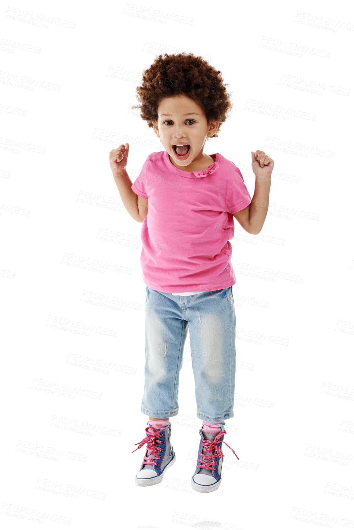 Buy stock photo Studio, excited and kid in portrait for jump, hands up and fashion clothes for first day of kindergarten. Mockup space, girl and development with flying game for playing, balance and white background