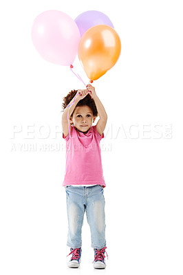 Buy stock photo Balloons, happy and portrait of girl in studio for birthday party, celebration or fun with event. Smile, decoration and kid from Germany with flying inflatable accessory by white background.