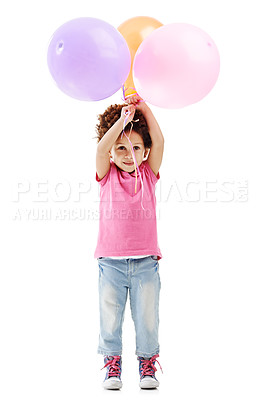 Buy stock photo Balloons, smile and girl child in studio for birthday party, celebration or fun with event. Happy, decoration and kid with flying inflatable helium accessory for gift isolated by white background.