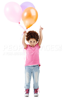 Buy stock photo Balloons, gift and portrait of child in studio for birthday party, celebration or fun with event. Smile, decoration and girl kid from Mexico with flying inflatable accessory by white background.