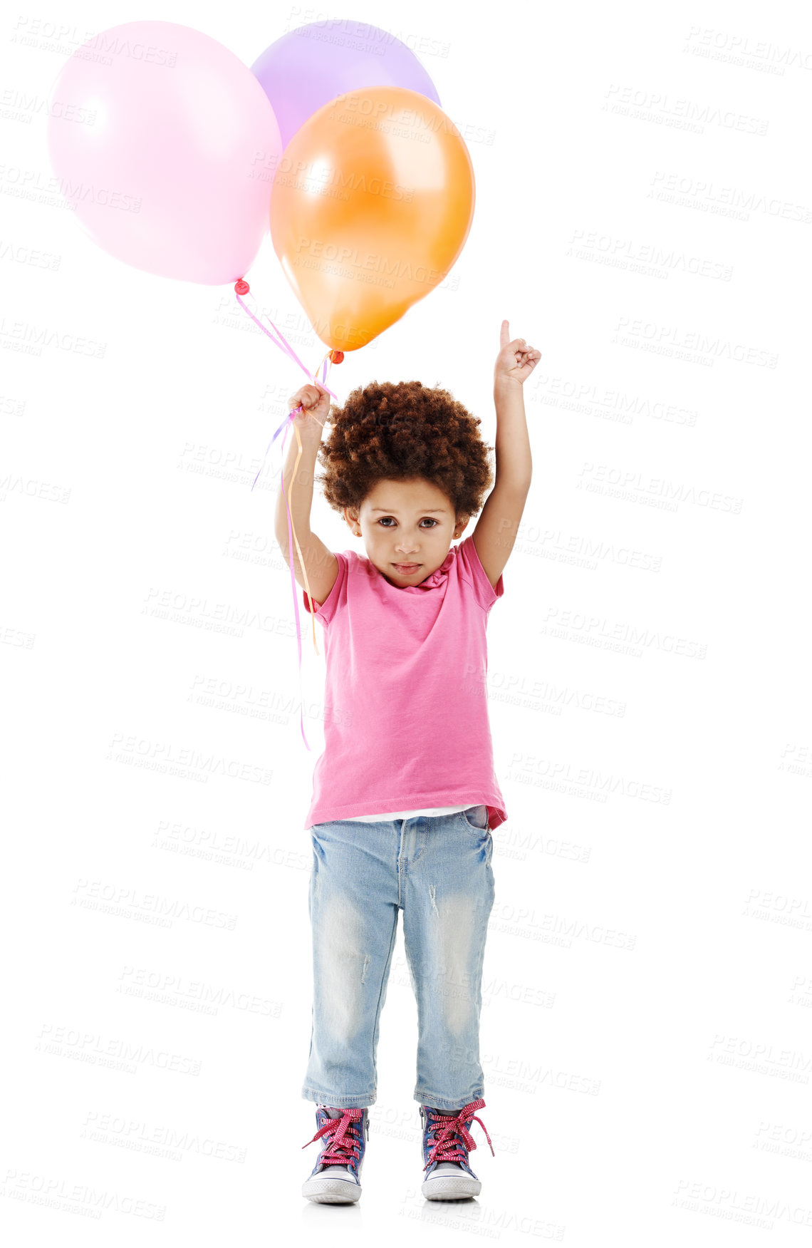 Buy stock photo Balloons, gift and portrait of child in studio for birthday party, celebration or fun with event. Smile, decoration and girl kid from Mexico with flying inflatable accessory by white background.