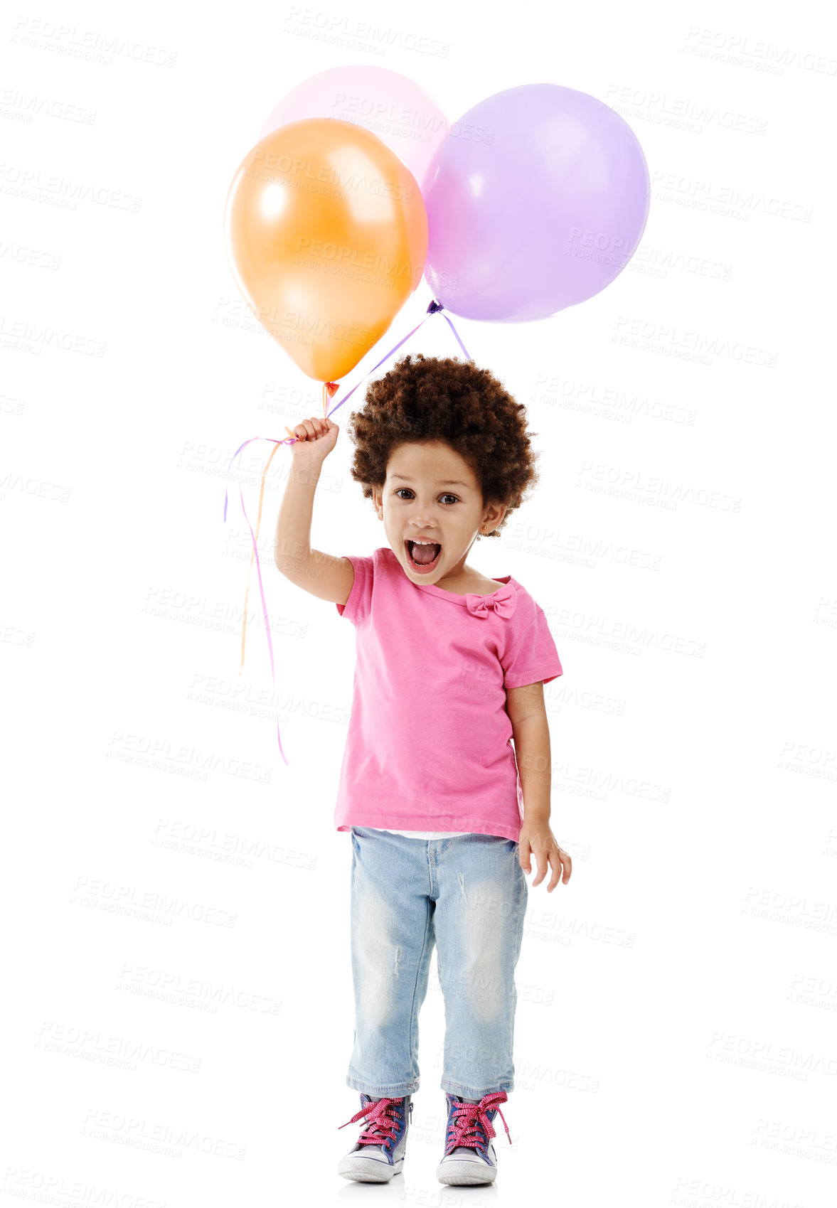 Buy stock photo Balloons, scream and portrait of child in studio for birthday party, celebration or fun with event. Smile, decoration and girl kid from Germany with flying inflatable accessory by white background.