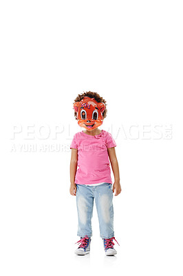 Buy stock photo Mask, costume and child on a white background in studio for cosplay, character outfit and cartoon. Mockup space, fashion and isolated young kid with disguise for Halloween, party and hidden identity