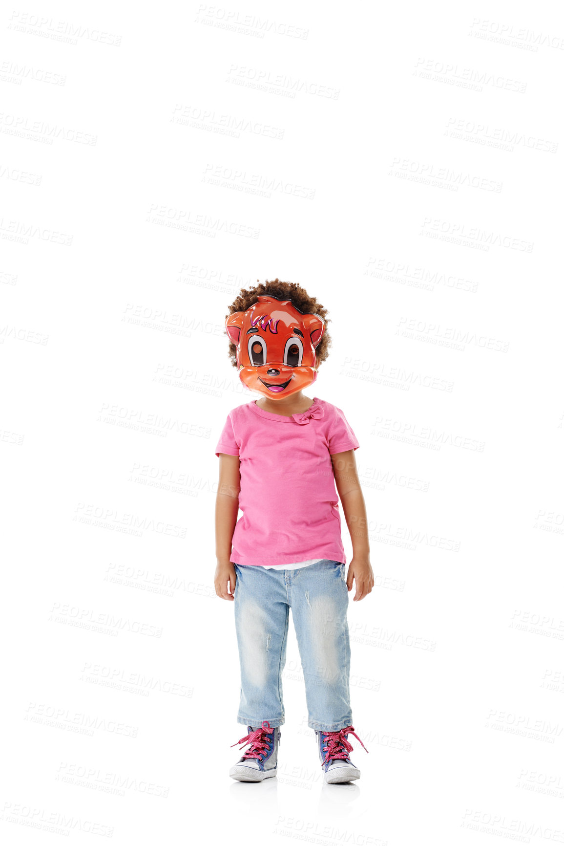 Buy stock photo Mask, costume and child on a white background in studio for cosplay, character outfit and cartoon. Mockup space, fashion and isolated young kid with disguise for Halloween, party and hidden identity