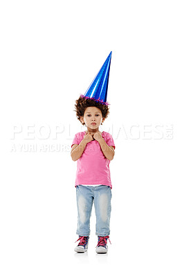 Buy stock photo Studio, portrait and child with hat for party, entertainment and celebration for birthday by backdrop. Young girl, growth and development for childhood by mockup space, decor and white background