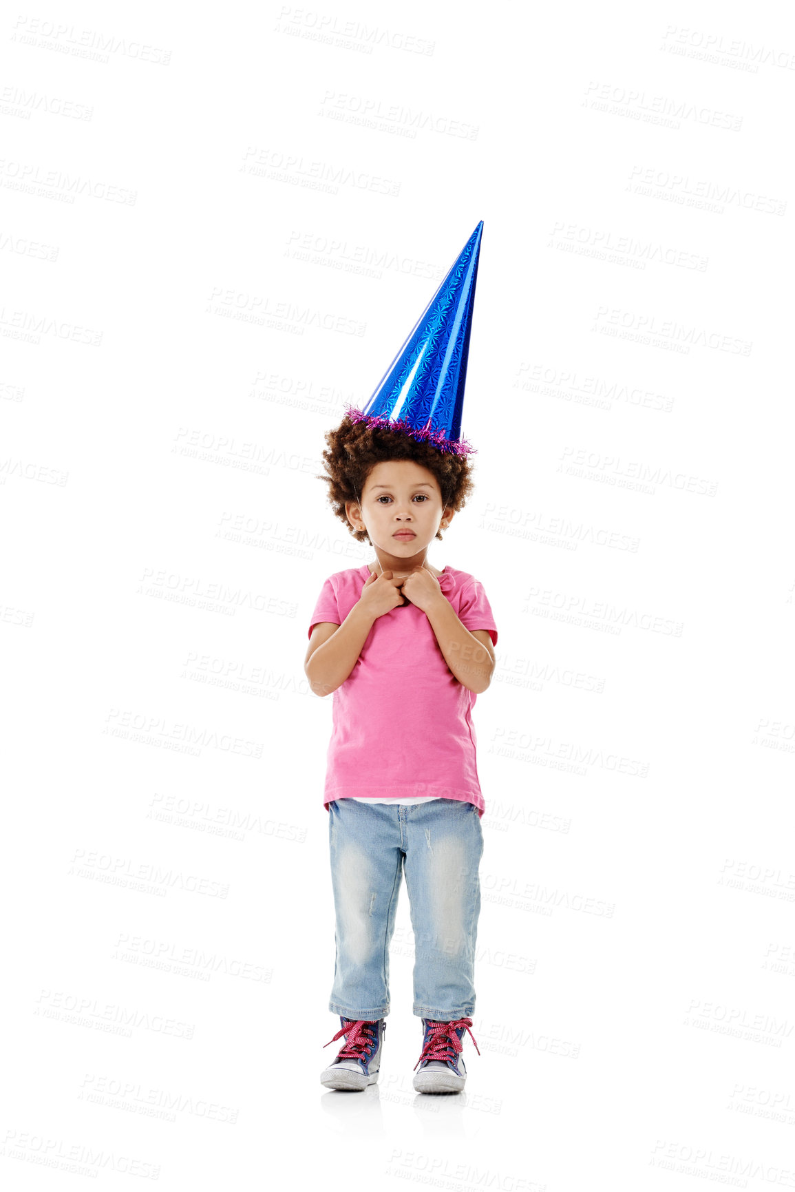 Buy stock photo Studio, portrait and child with hat for party, entertainment and celebration for birthday by backdrop. Young girl, growth and development for childhood by mockup space, decor and white background