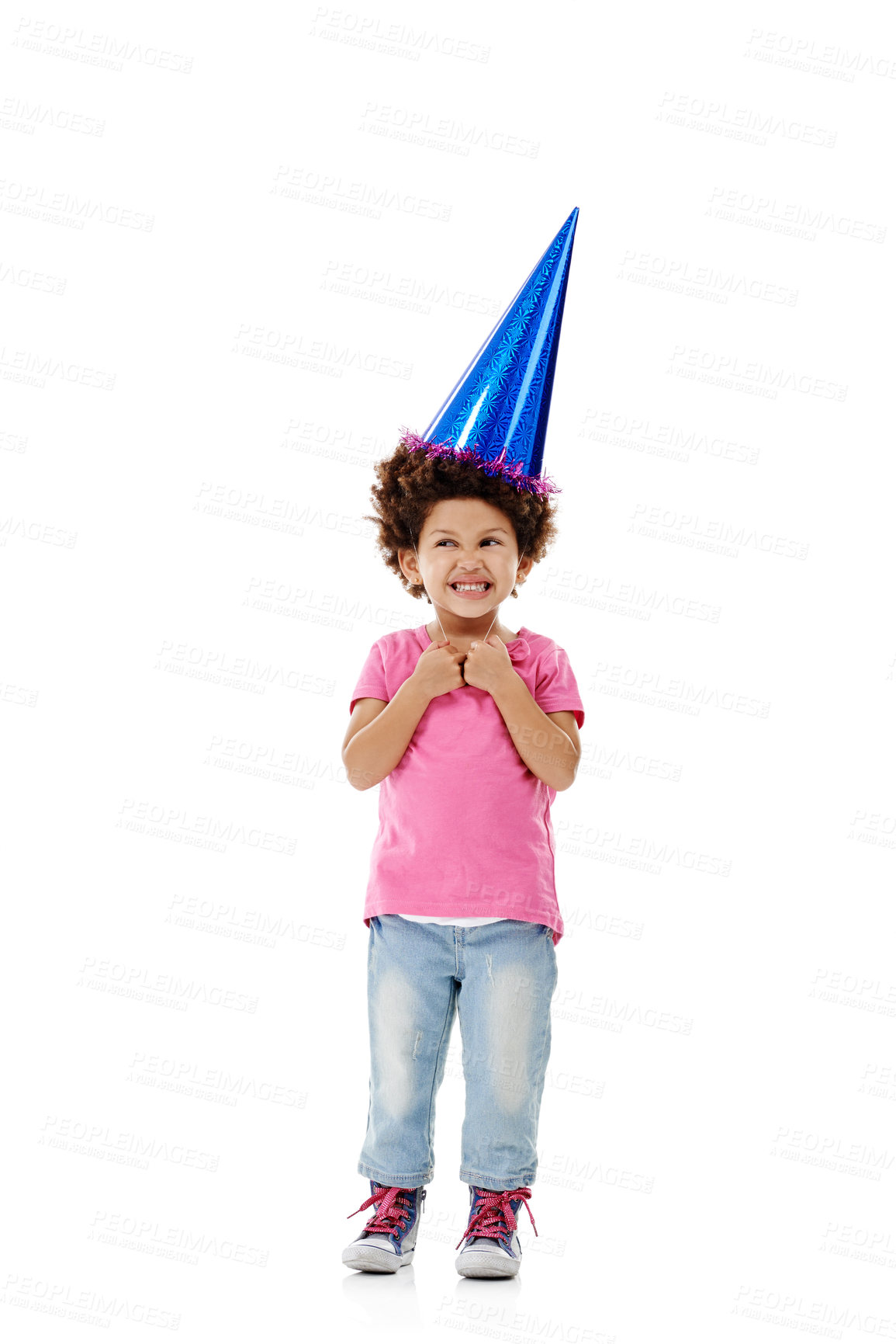 Buy stock photo Studio, excited and child with hat for party, entertainment and celebration for birthday by backdrop. Young girl, growth and development for childhood by mockup space, surprised and white background