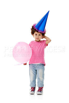 Buy stock photo Balloon, party hat and portrait of child in studio for birthday, celebration or fun with event. Smile, decoration and kid with flying inflatable helium accessory for gift isolated by white background