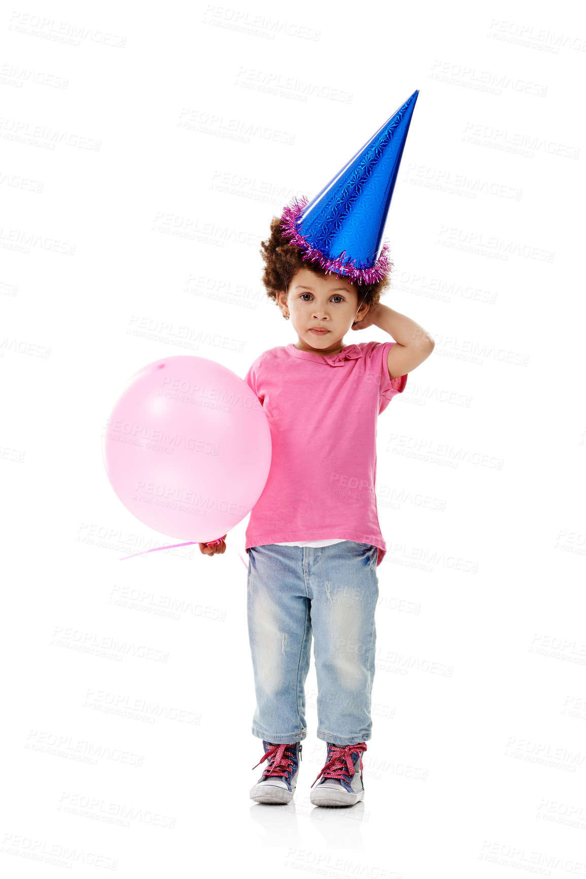 Buy stock photo Balloon, party hat and portrait of child in studio for birthday, celebration or fun with event. Smile, decoration and kid with flying inflatable helium accessory for gift isolated by white background