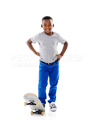 Buy stock photo Studio, portrait and black boy with skateboard for playing, training or practice for game. Mockup space, happy kid or child with sports equipment for riding, coordination or ready by white background