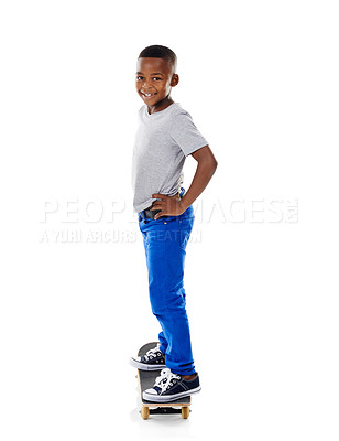 Buy stock photo Studio, portrait and boy with skateboard for riding, training and practice for game. Mockup space, skater and black child with sports equipment for playing, coordination and ready by white background