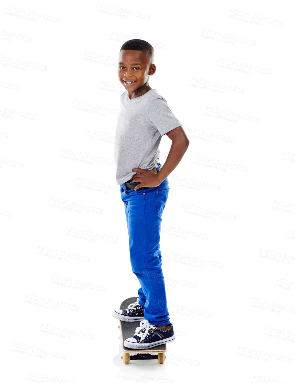 Buy stock photo Studio, portrait and boy with skateboard for riding, training and practice for game. Mockup space, skater and black child with sports equipment for playing, coordination and ready by white background