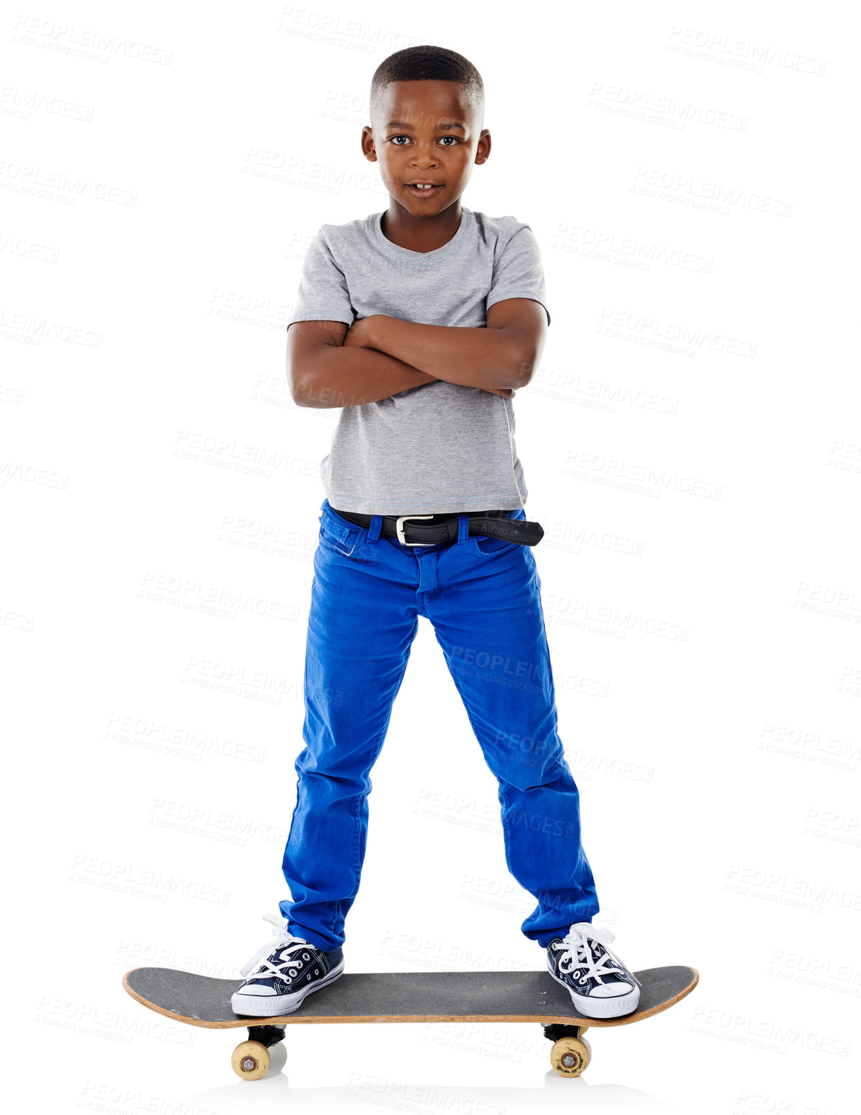 Buy stock photo Studio, portrait and boy with skateboard for balance, riding and practice for game. Mockup space, skater and black child with sports equipment for playing, coordination and pride by white background