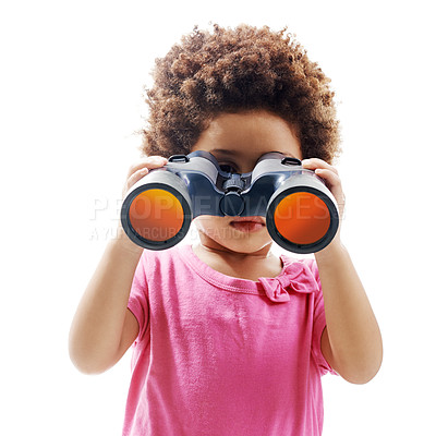 Buy stock photo Studio shot of a cute little girl looking through a set of binoculars against a white background
